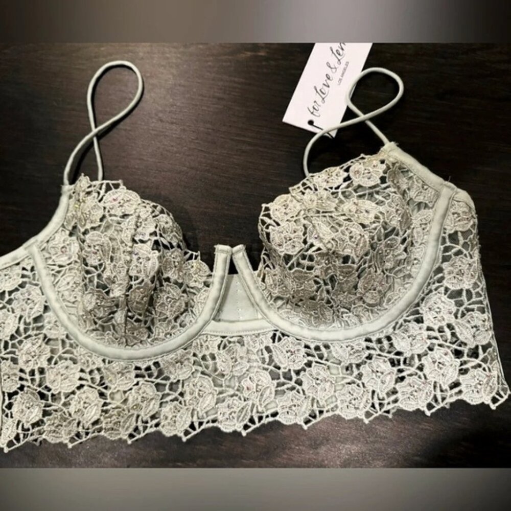 NEW For Love   Lemons Sage mint Twinkle Rose Bustier bra S rhinestone lace rare
